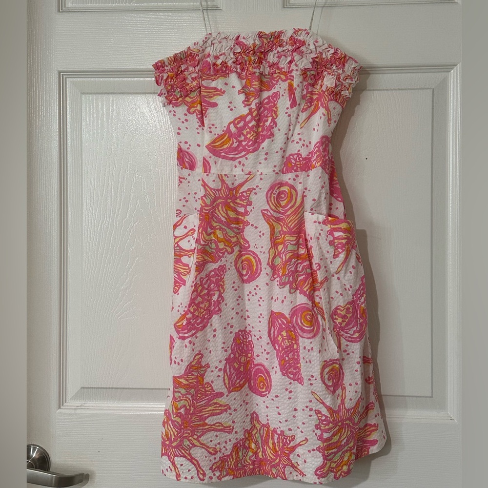 Lilly Pulitzer Orange and Pink Ruched Strapless Sundress
